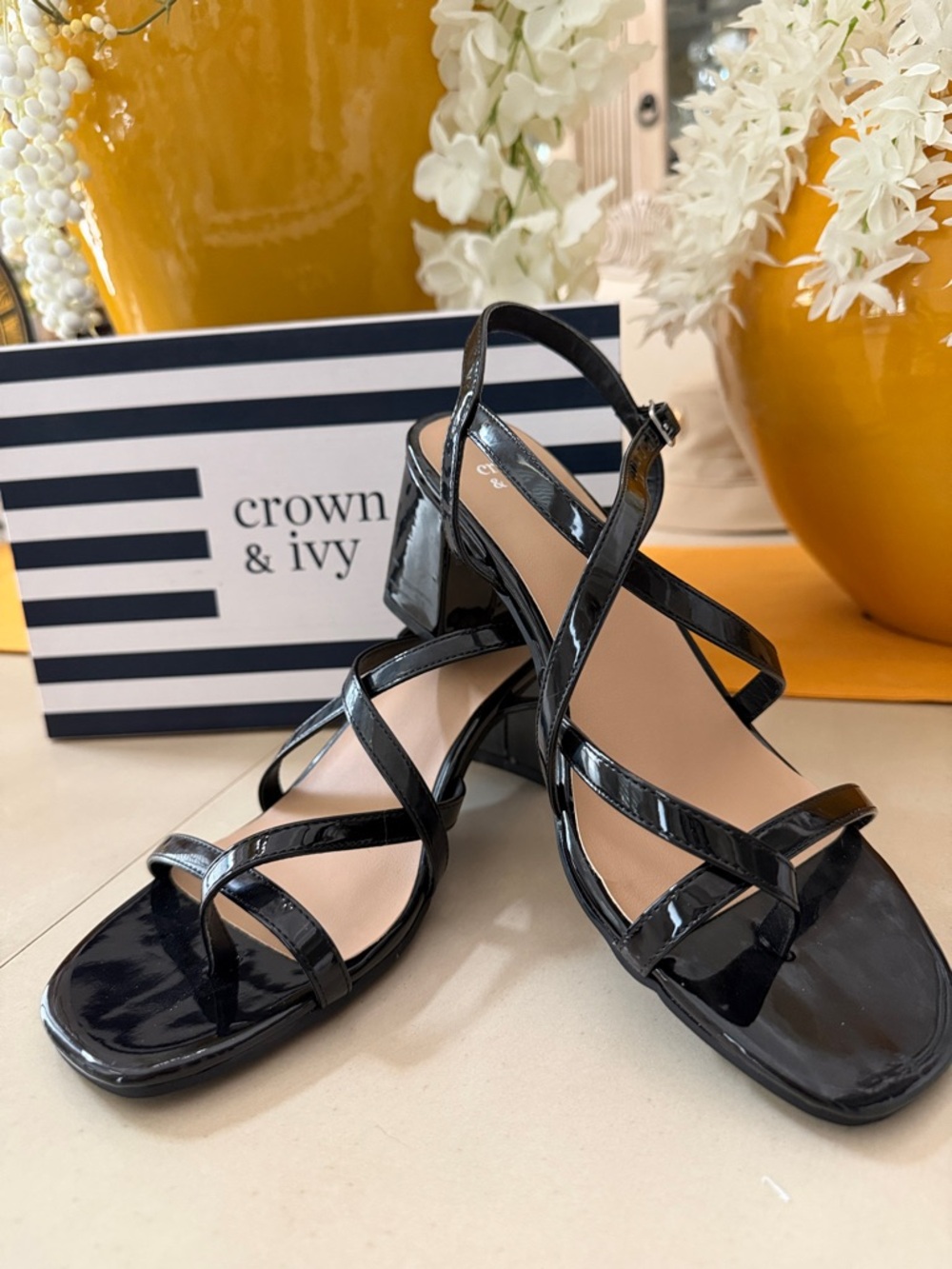 crown & ivy Black Patent Strappy Block Heels